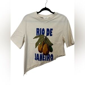 H&M Women’s XS Rio De Janeiro Cashew Fruit T-Shirt Fringe Hem Excellent Boho